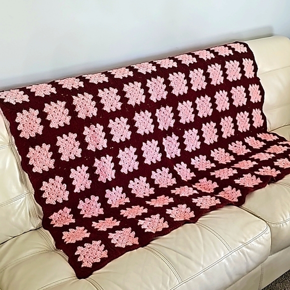 Hand-made Crocheted granny square afgan. About 48" X 60". Pink and wine color. - Picture 1 of 5